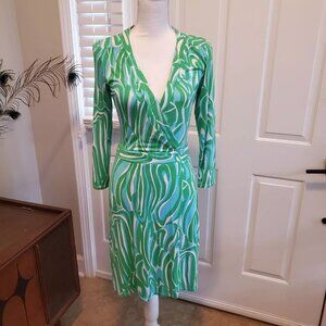Lilly Pulitzer Wrap Dress Womens Small S Meridian Swirl Green Blue Jersey Summer